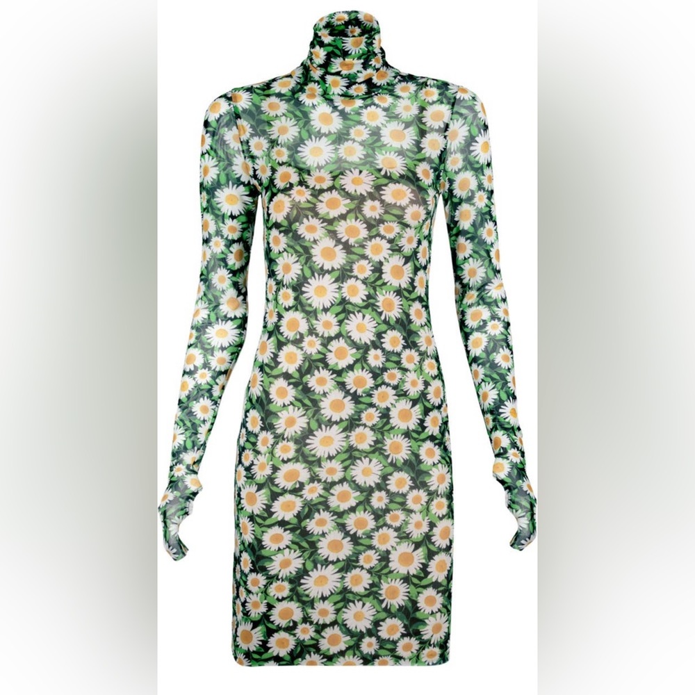 AFRM Mari Print Long Sleeve Turtleneck Mesh Bodycon Dress in Medium